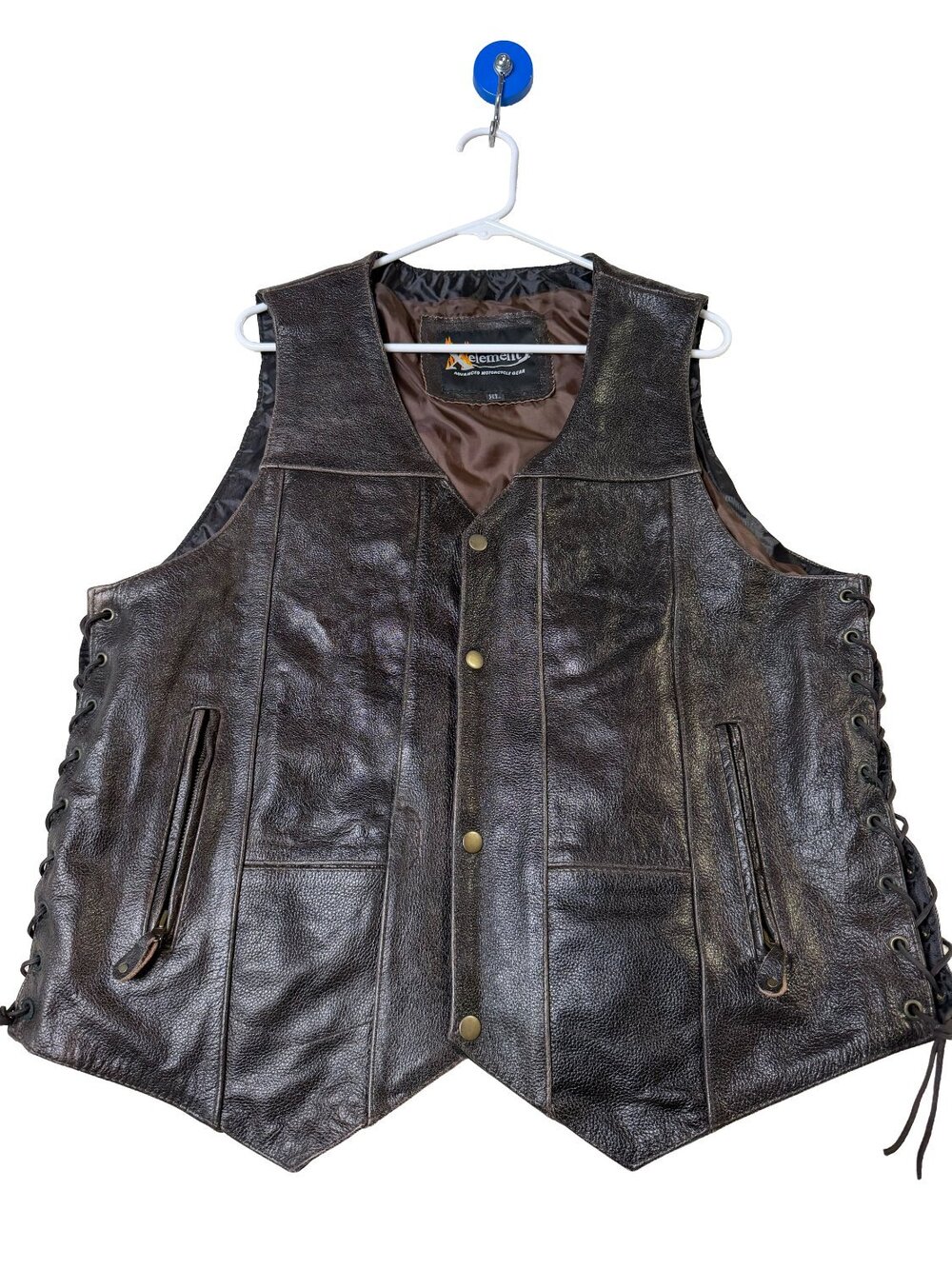 Xelement Western Vest Mens Brown Pointed Front Hem Satin Lining leather Size XL